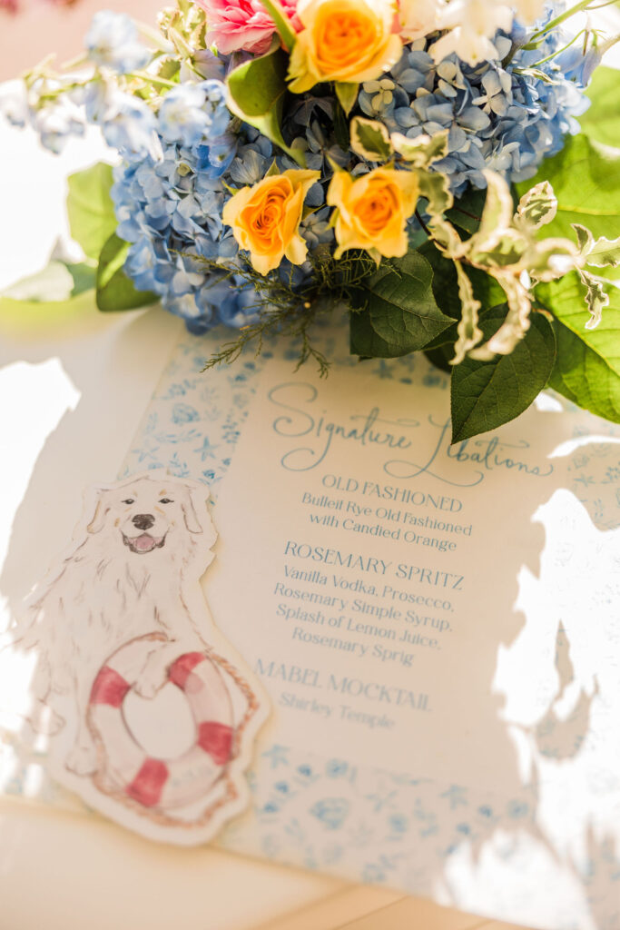 Custom bar menu with illustration of newlyweds dog